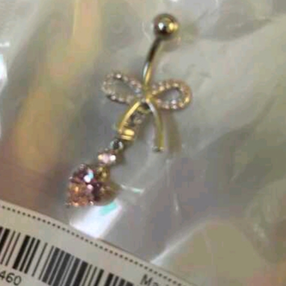 Pink Rhinestone Bow With Dangling Rounds & Heart Bellybutton Ring Jewelry (OS) - Picture 8 of 8